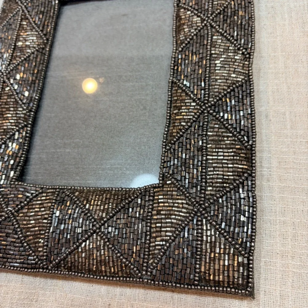 Gunmetal Beaded Geometric 4x6 Photo‎ Frame Art Deco Style Silver Grey Tabletop